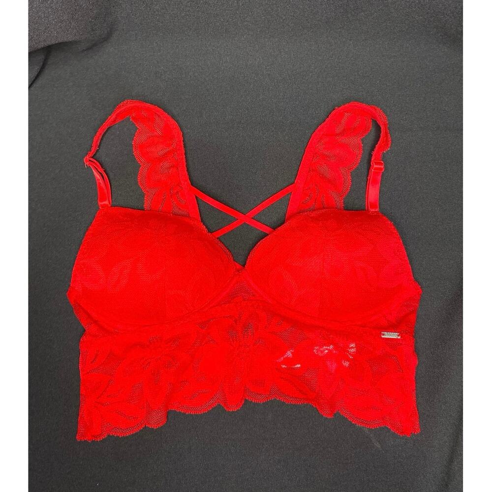 BRA LACE STRAPPY Victoria’s Secret PINK Longline Push Up Red XS XP